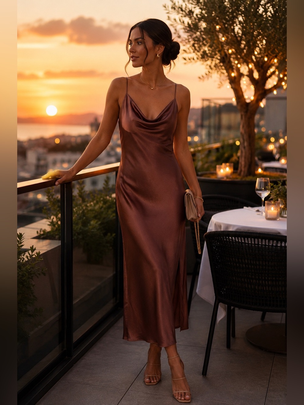 Express Satin Cowl Neck Slip Dress - Rust Brown